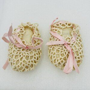 Vintage 1920's Ivory Crochet Baby Shoes Pink Satin Ribbon
